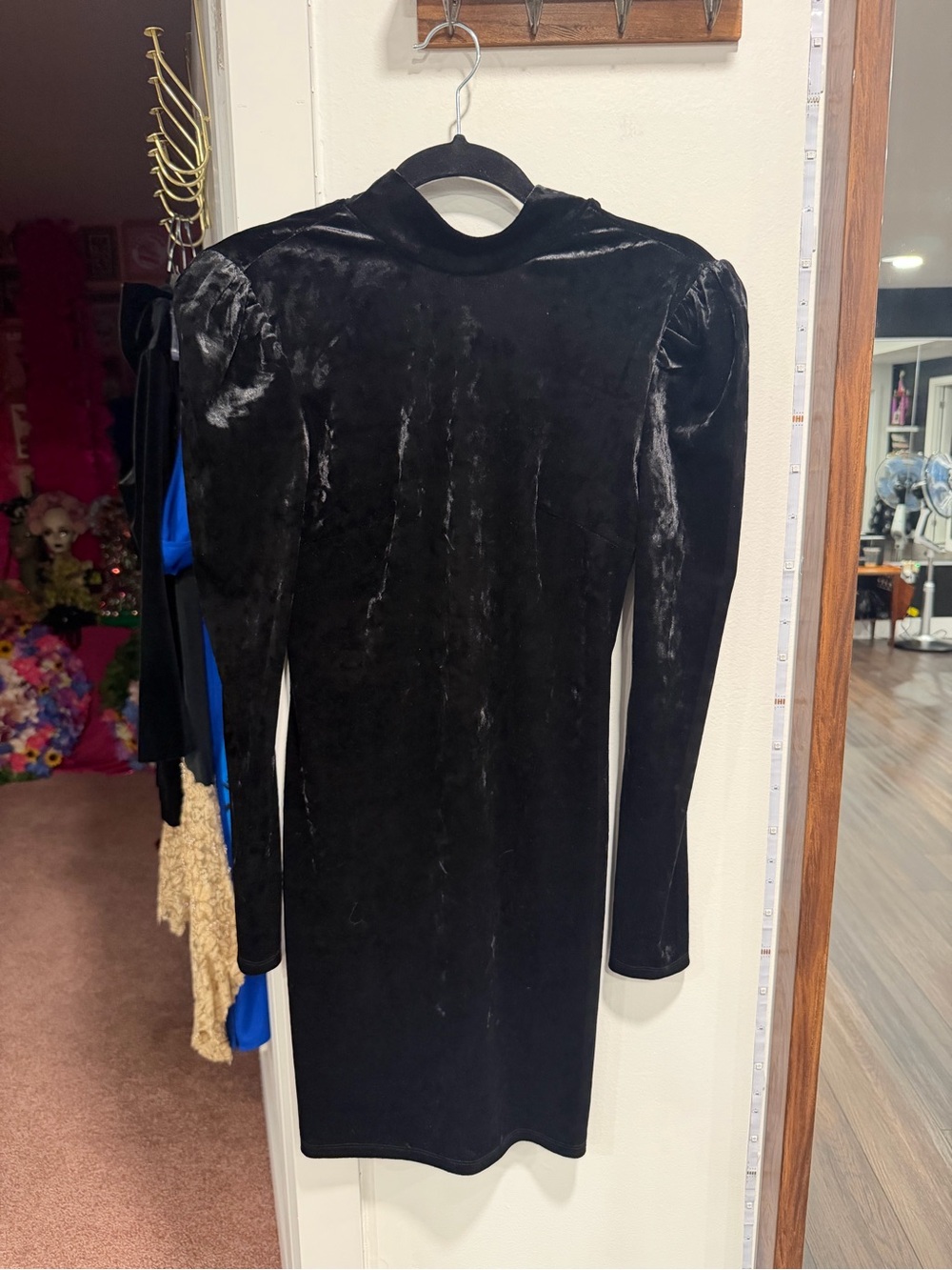Black Velvet Long-Sleeve Puff-Shoulder Dress